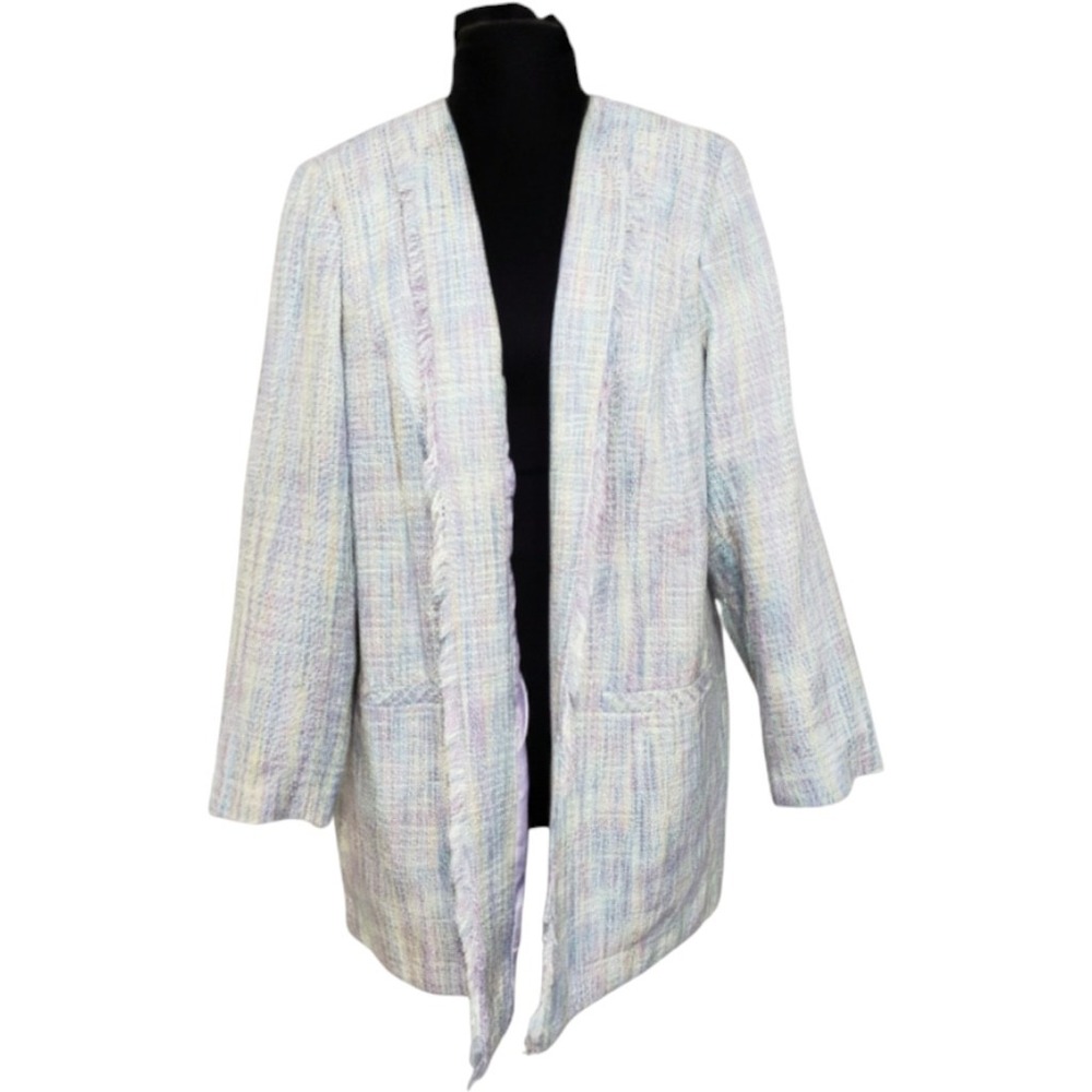 Vintage Maggie Barnes Pastel‎ Mint Lavender Raw Frayed Open Blazer Plus Size 18W